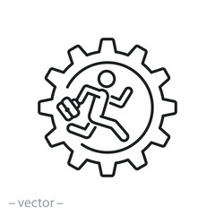 feeling full busy icon, running man in cogwheel, effort or achievement in business target, businessman mind and strategy, thin line symbol on white background - editable stroke vector illustration