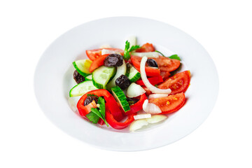 vegetable salad tomato, cucumber, olives, onion, pepper fresh spring healthy meal food snack on the table copy space food background