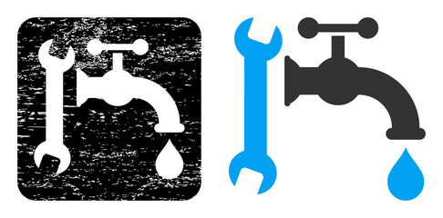 Vector plumbing stencil icon. Grunge plumbing seal stamp, done with icon and rounded square. Rounded square seal have plumbing hole inside. Vector plumbing grunge images.