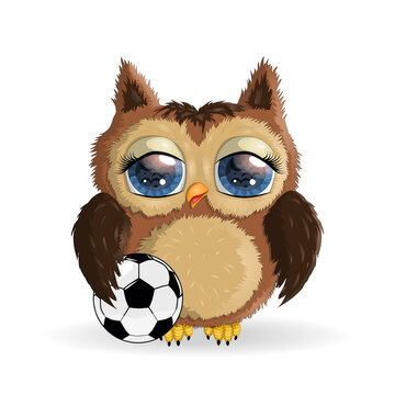 A beautiful owl is playing with a soccer ball. Owl is a soccer player