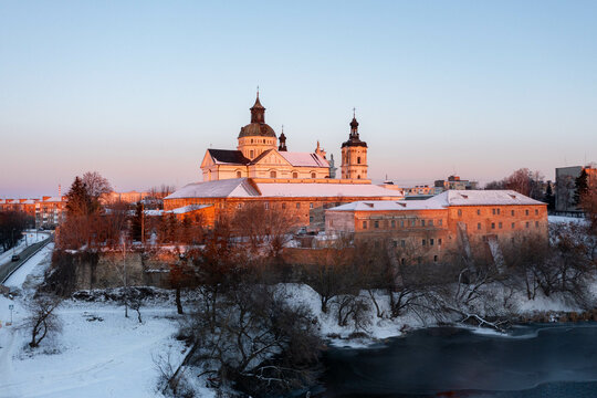 Aerial winter view of Monastery of the Bare Carmelites in Berdichev, Ukraine. Travel destinations across Ukraine