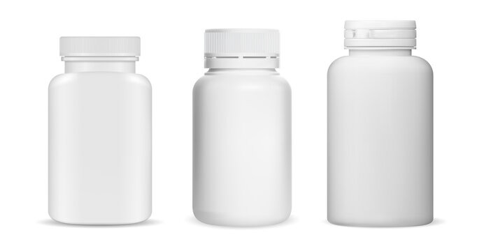 Medicine pill bottle white plastic blank. Vitamin supplement jar mockup design. Pharmaceutical tablet can illustration, aspirin, antibiotic or placebo drugs. Capsule medicament container