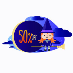 50 percent off - Halloween - Cute Little Red-haired Witch Cartoon sitting on the broom in the starry night, with clouds and a big discount tag.