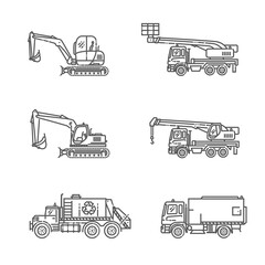Industrial transport. Industrial machinery icons. Vector symbols