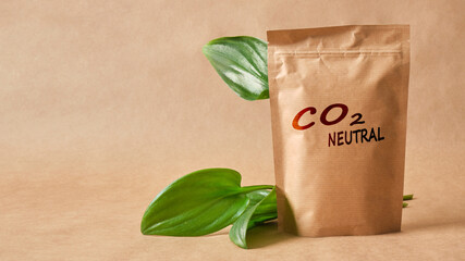 Eco friendly packaging marked co2 neutral, paper recycling, zero waste, natural products concept.