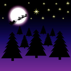 New Year 2022 2033 Santa Claus on a sleigh with reindeer a gray moon forest Christmas trees night stars
