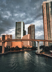 country skyline at sunset Brickell Miami Florida sea boat bridge buildings skyscrapers sky  