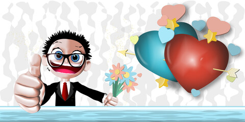 Young man with thumbs up and flowers. I like Valentine's Day. Background decoration of blue and red hearts united with Cupid's arrow, on white background with gray abstract drawing
