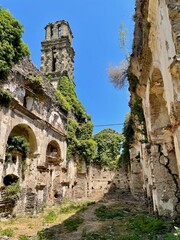 Fototapeta na wymiar Ruins of church of old Franciscan monastery Orezza, convent d'orezza, in Piedicroce, Castagniccia, Corsica. Vertical.