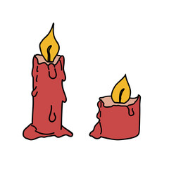 Vector illustration of two lit candles with fire and wax running down. Burning holiday decorations in various dimensions, tall and short. Black outline doodle, colored and glowing symbol of Christmas