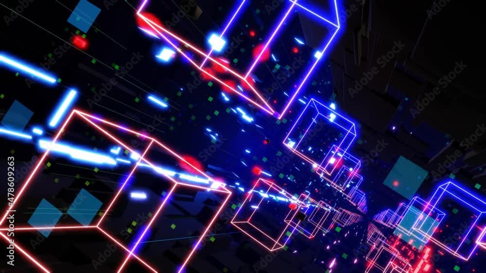 Poster sci-fi motion graphic bg. flying into digital technological tunnel with neon light. concept of hi-te