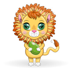 Cartoon lion with Easter egg. Easter holiday, greeting card