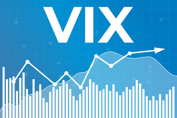 Word VIX (Volatility Index) on blue finance background with graphs, charts, columns, arrow. Financial market concept