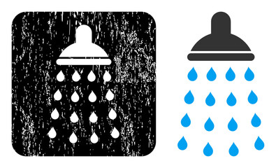 Vector shower stencil pictogram. Grunge shower stamp, done with icon and rounded square. Rounded square stamp contain shower empty space inside. Vector shower grunge images.