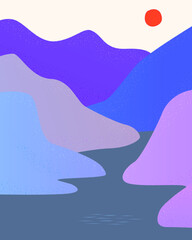 blue mountains lake and red sun illustration background poster