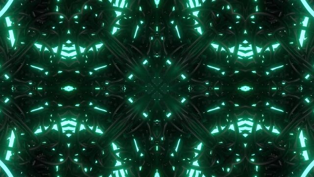 Abstract symmetrical composition, 3d elements light up like bulbs with multicolor neon light. Looped bg for show or events, exhibitions, festivals or concerts, music videos, DJ or VJ for night clubs.