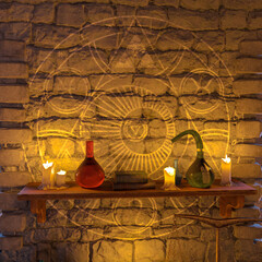 sing on the wall in the alchemy lab background