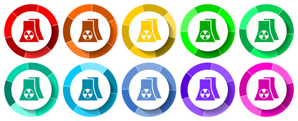 Nuclear power plan flat design vector illustration in 10 colors options for webdesign and mobile applications