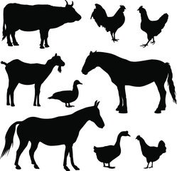 Farm animals silhouettes. Collection of domestic cattle. Vector illustration set isolated on white.