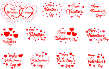 Set of Valentines Day greeting card template with typography text happy valentine`s day and red hearts on background