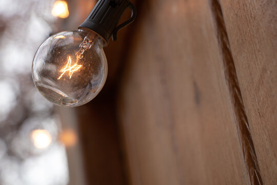 A close up of an edison light bulb on a fence.