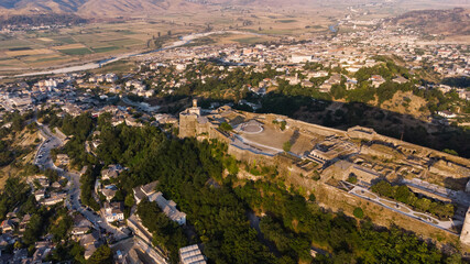 Aerial view of streets in the UNESCO listed old town of Gjirokaster in southern Albania