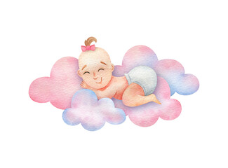 A little girl is sleeping on the clouds. Watercolor illustration of a newborn baby. Children's clipart in pink colors isolated on a white background