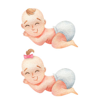 A Sleeping Baby In A Diaper. Cute Newborn Boy And Girl Clipart, Illustration Of A Small Child, Twins, Gender Reveal