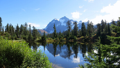 Mt Shuksan reflected in the mirror surface of the Picture Lake
