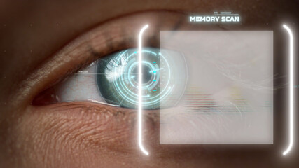 Closeup technological eye memory analysis process with biometrical retina scan