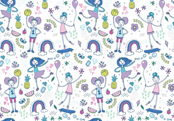 Fototapeta na wymiar Hand-doodled characters of girls being bold, bright, and fun. This vector pattern repeats seamlessly and is perfect for backgrounds and surface designs celebrating girls.