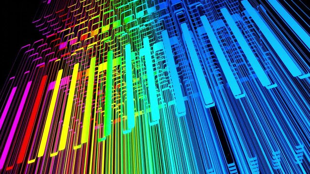 Vj abstract sci fi futuristic bg. Fly over 3d multilayer hologram complex pattern. Neon light rainbow color gradient. Isometric view. Simple shapes periodic pattern. Like on conveyor belt. Rectangles