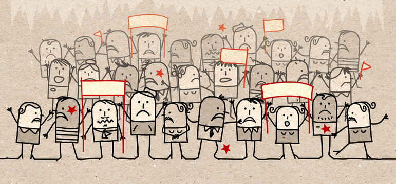 Cartoon Angry Protesting Group of People
