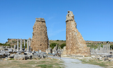 Roman gate. Perge. Ruins of the ancient city. Turkey