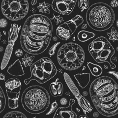 Mexican food seamless pattern. Menu design. Hand drawn vector illustration. Engraved style image. Different mexican dishes. Linear graphic.