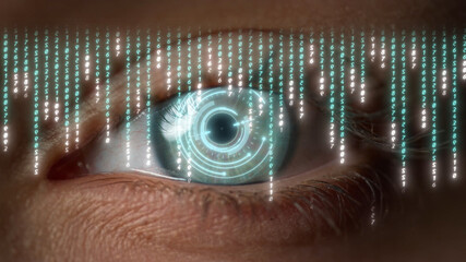 Macro digital matrix eye numbers scrolling hacker calculate data web connecting