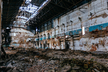 Fototapeta na wymiar Abandoned and ruined sugar factory in Novaya Tavolzhanka, Belgorod region