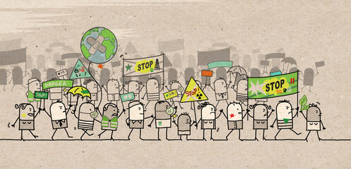 Cartoon Protesting and Walking group of People - Ecological