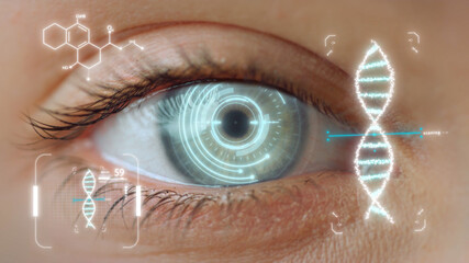 Closeup eye DNA hologram checking process device collecting biometrical data