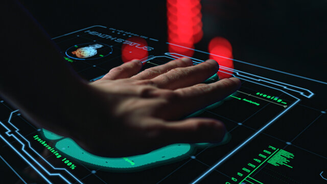 High tech medical biometrical scanner analysing health status scan hand closeup