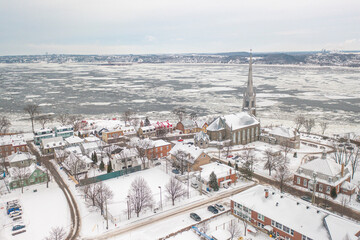 Quebec City Church in winter from drone