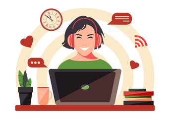 A beautiful woman in a good mood works remotely from home with a laptop and headphones. Home office during quarantine due to coronavirus. Stay at home. Online training. Vector.