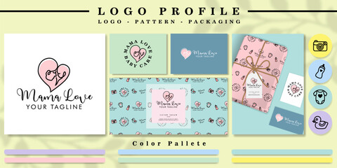 cute mother love baby logo for branding store with nursery seamless pattern mockup 