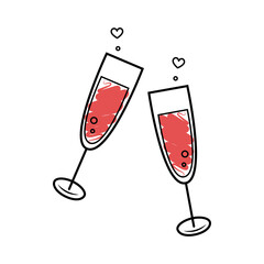 Valentine's day. Glass of champagne icon. Hand-drawn sketch style. Celebration, holidays, toast concepts. Isolated Vector illustration in doodle style.