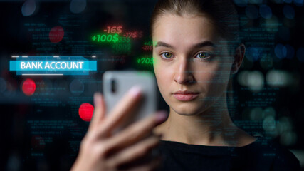 Phone digital hologram bank with modern application displaying balance closeup
