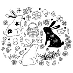 Great Easter set. Cute Easter bunnies, Easter basket with eggs and flowers, birds and Easter cakes. Vector illustration. Outline drawn doodle style isolated elements for design, decor and decoration