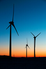 Wind turbines farm at sunset