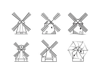 Set of wind mill icons. Vector outline illustration is editable and suitable for any scale. Ideal for packaging, promo, advertising. EPS10.