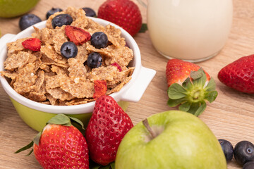 cereal bowl top view with measuring tape, health and diet concept