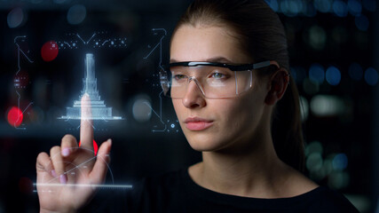 High-tech glasses woman architect inspecting building project hologram thinking